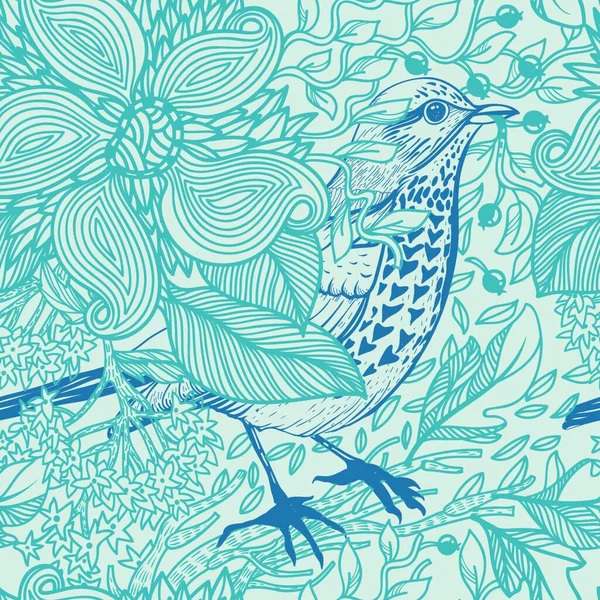 鳥や植物とベクトル花のシームレスなパターン — ストックベクタ