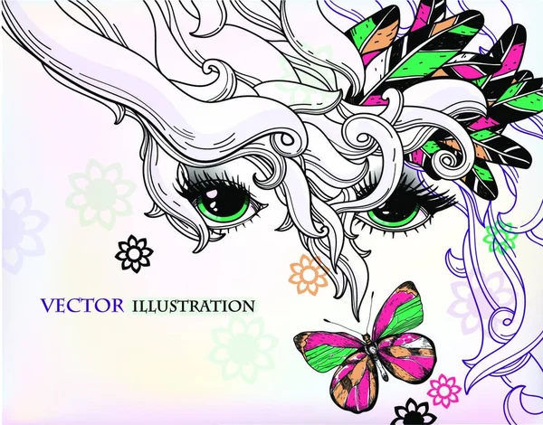 Vektorillustration Eines Abstrakten Mädchens Mit Bunten Federn Und Einem Schmetterling — Stockvektor