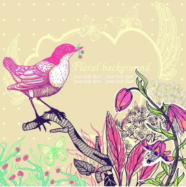 Ilustración Vectorial Pajarito Flores Plantas Silvestres — Vector de stock