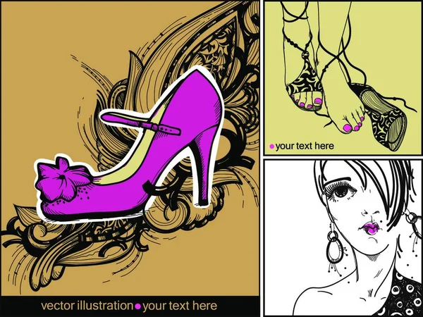 Vektor Set Von Modekarten Mit Rosa Schuhen Hübschen Füßen Mit — Stockvektor