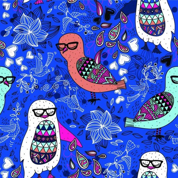 Vector Seamless Pattern Colorful Cartoon Penguins Owls — Stock Vector