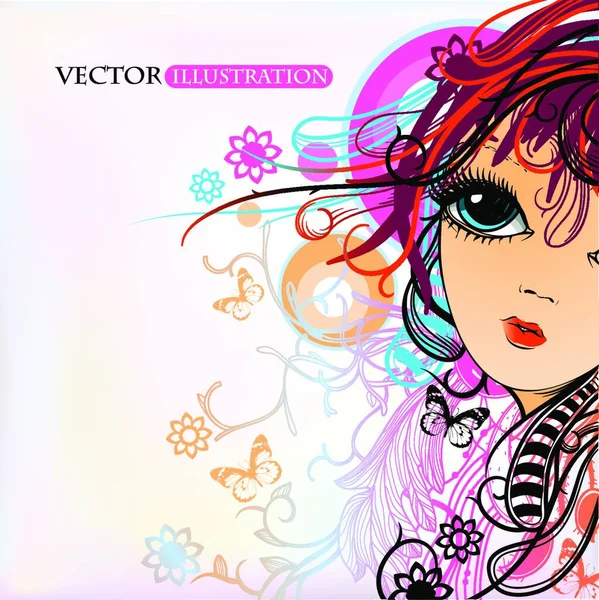 Vector Illustration Girl Fantasy Haircut Floral Background — Stock Vector