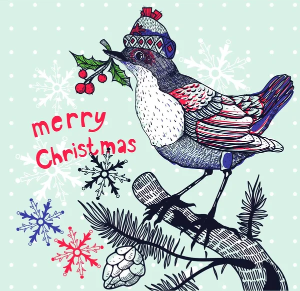 Boże Narodzenie Wektor Ilustracja Zimowego Ptaka Holly Berry — Wektor stockowy