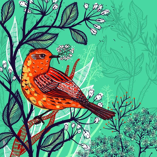 Vector Illustration Orange Bird Wild Plants — Stockvektor