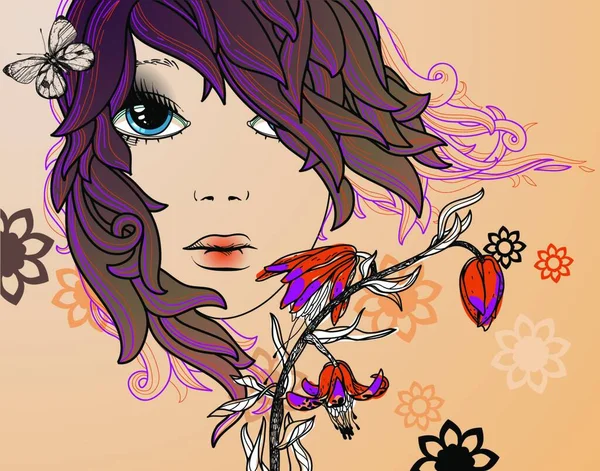Vector Illustratie Van Een Jong Meisje Kleurrijke Bloemen — Stockvector