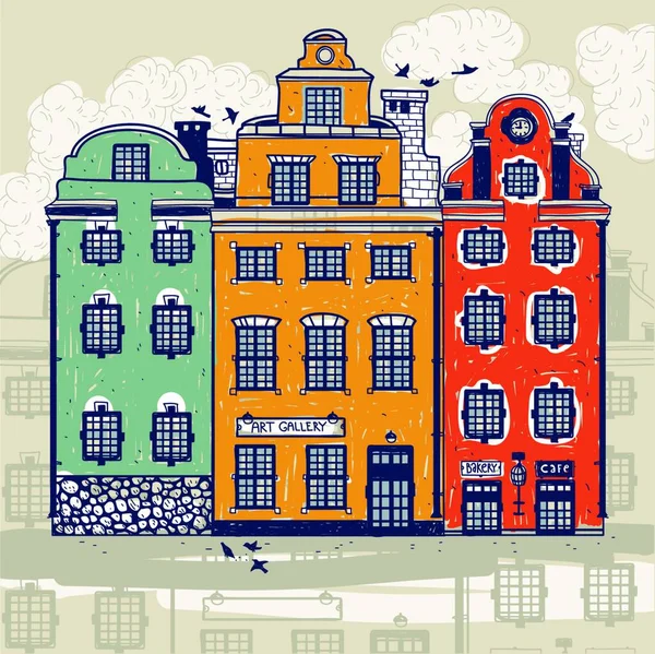 Illustration Vectorielle Vieilles Maisons Colorées — Image vectorielle