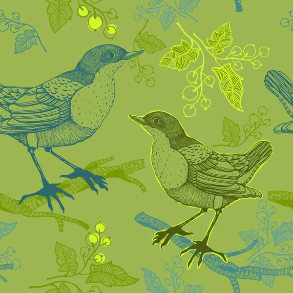 Vektor Nahtlose Muster Mit Vögeln Und Beeren — Stockvektor