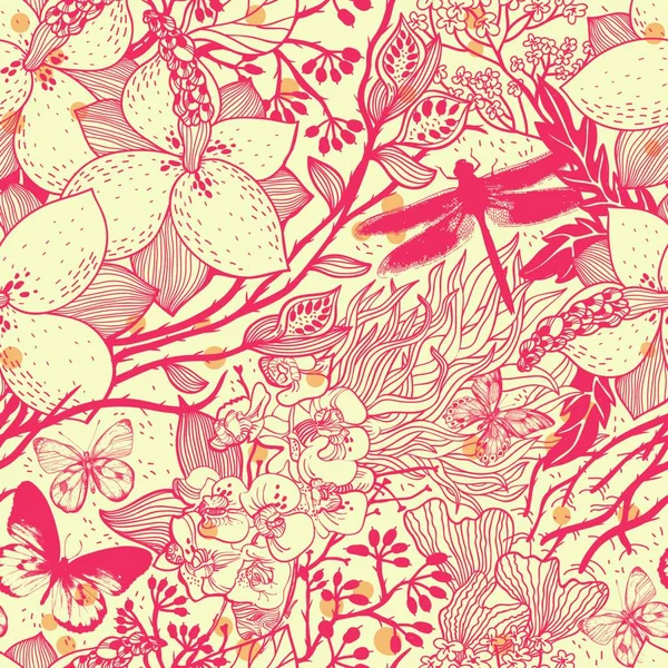 Векторный Цветочный Бесшовный Узор Цветами Бабочками Стрекозами — стоковый вектор