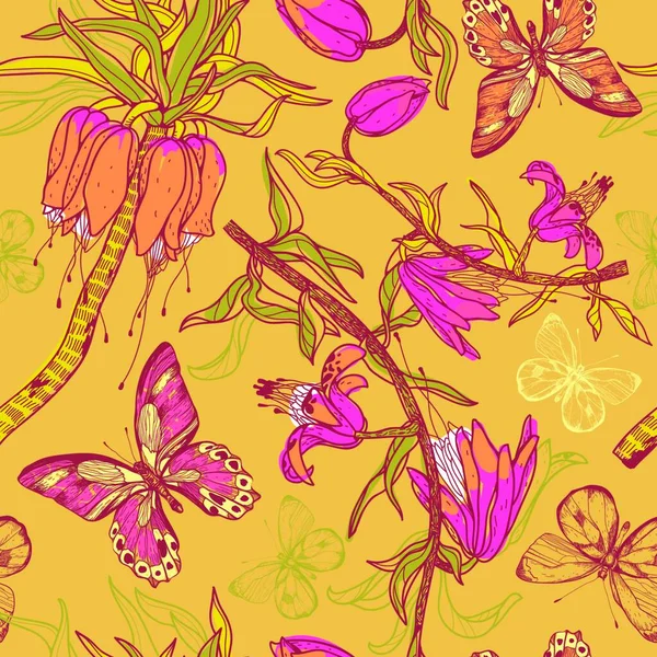 Vector Patrón Floral Sin Costuras Con Flores Colores Mariposas — Vector de stock