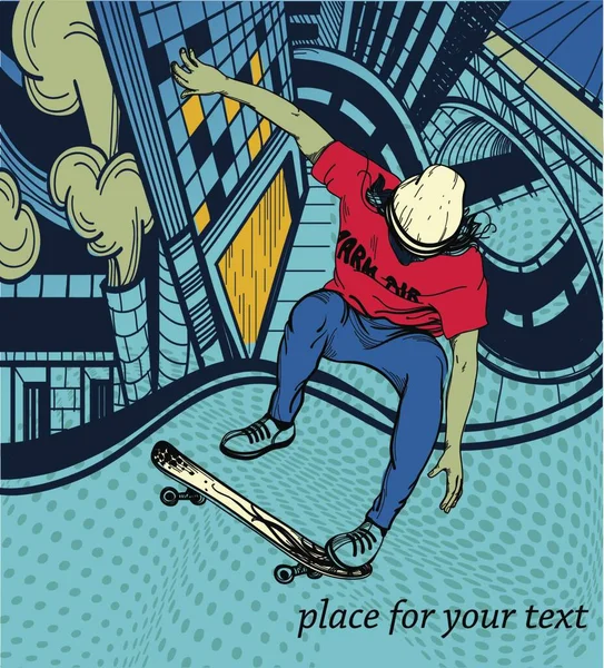 Ilustrasi Vektor Dari Skater Yang Melompat Latar Belakang Perkotaan - Stok Vektor