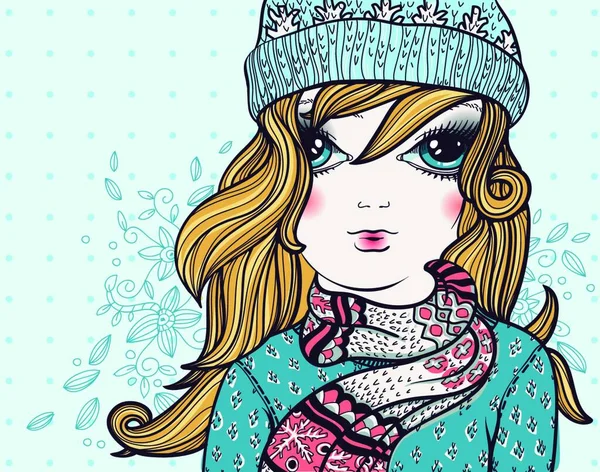 Vector Illustration Pretty Girl Knitted Winter Cloth Floral Background — Stockový vektor