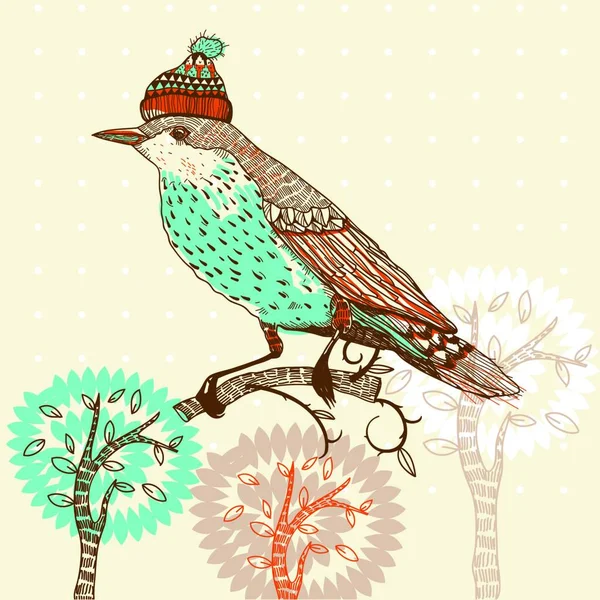 Vektor Illustration Eines Vintage Vogels Mit Gestrickter Wintermütze — Stockvektor