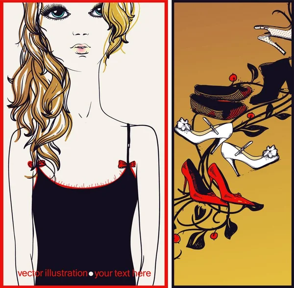 美しい女の子とファッションシューズを着た2枚のベクトルカード — ストックベクタ