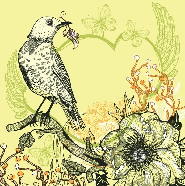 Vector Illustration Bird Forest Plants Wild Rose — Stock Vector