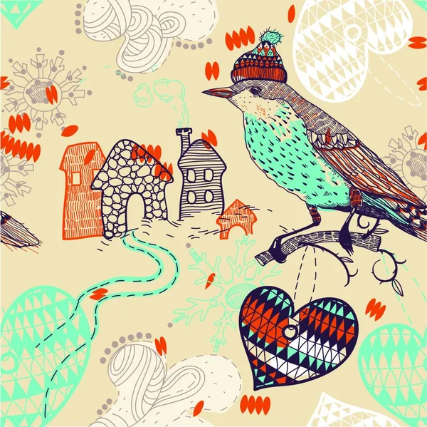 面白い鳥 カラフルな心と漫画の家とベクトルシームレスなパターン — ストックベクタ