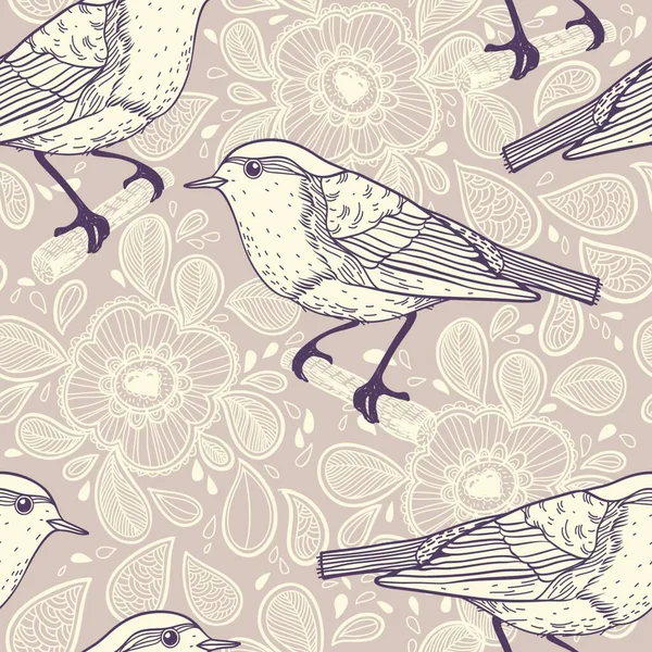 Vector Seamless Pattern Little Birds Beige Floral Background — Stock Vector