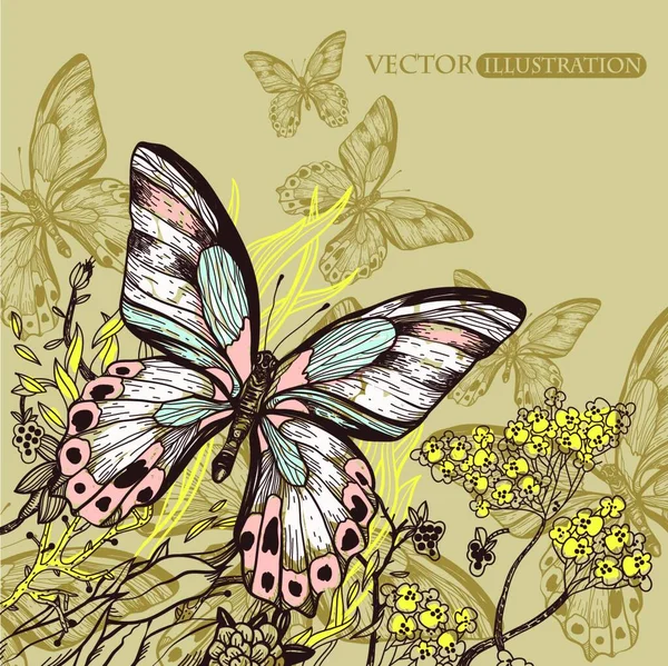 Vektorillustration Von Schmetterlingen Mit Pflanzen Und Blumen — Stockvektor