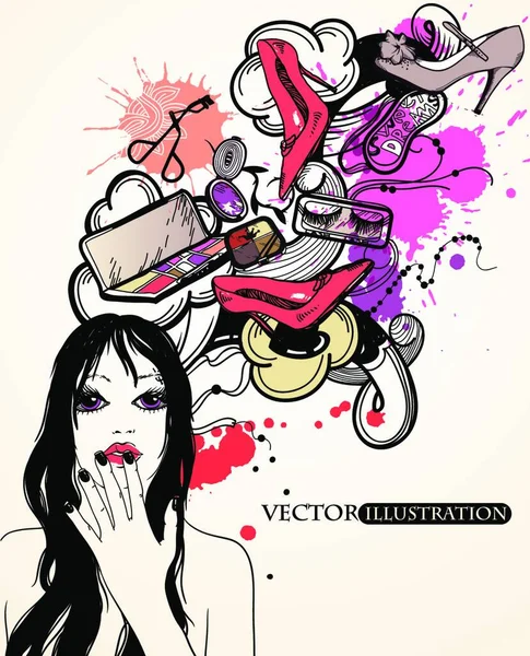 Vector Illustratie Van Een Mooi Meisje Dromen Mode Schoenen Make — Stockvector