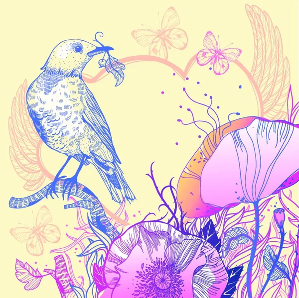 Vector Illustratie Van Een Blauwe Vogel Bloeiende Klaprozen — Stockvector