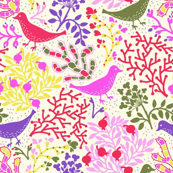 Vector Seamless Floral Pattern Abstract Colored Birds Plants — Stock Vector