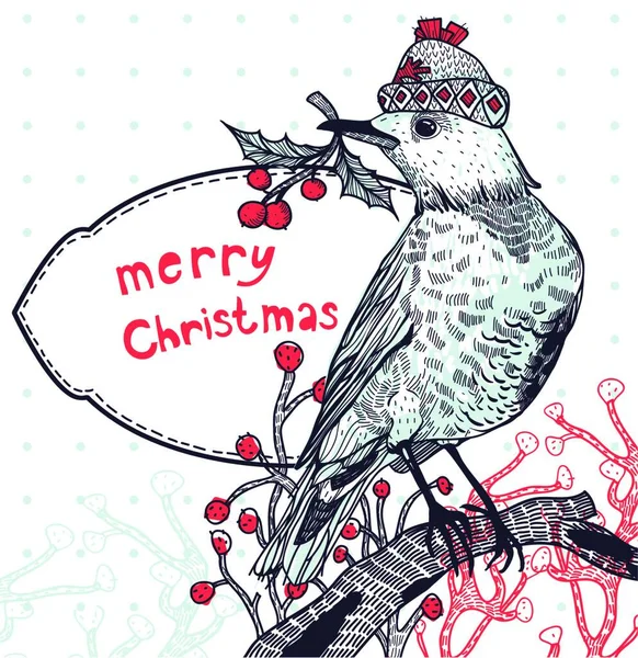 用冬青浆果织成的帽子上的一只冬鸟的圣诞矢量图解 — 图库矢量图片
