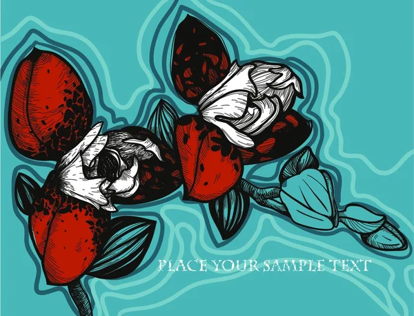 Illustrazione Vettoriale Orchidee Fiorite Disegnate Mano Uno Sfondo Blu Brillante — Vettoriale Stock