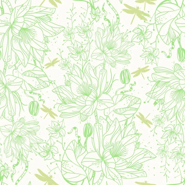 Motif Floral Vectoriel Sans Couture Avec Des Nénuphars Libellules — Image vectorielle