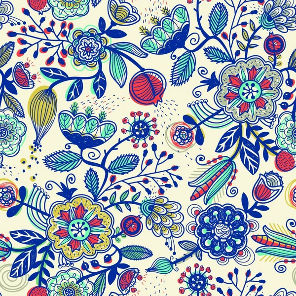 Векторный Цветочный Узор Красочными Фантазийными Растениями Цветами Ягодами — стоковый вектор