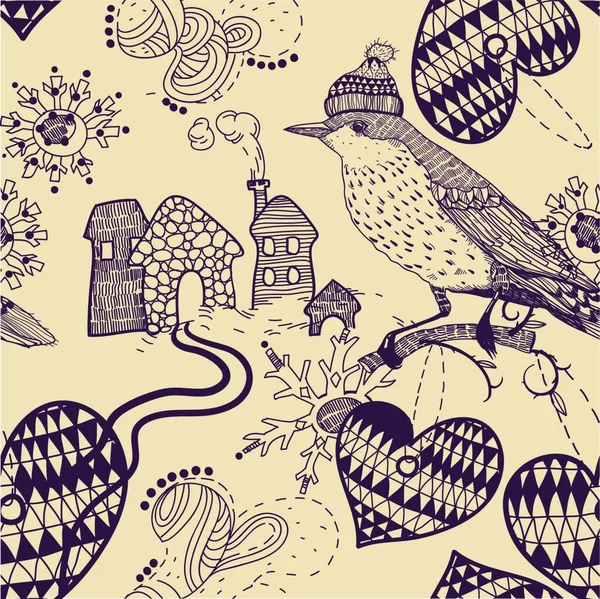 鳥や家や心とベクトルのシームレスなパターン — ストックベクタ