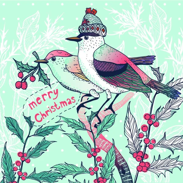 Christmas Vector Illustration Couple Winter Birds Holly Berries — Stock Vector