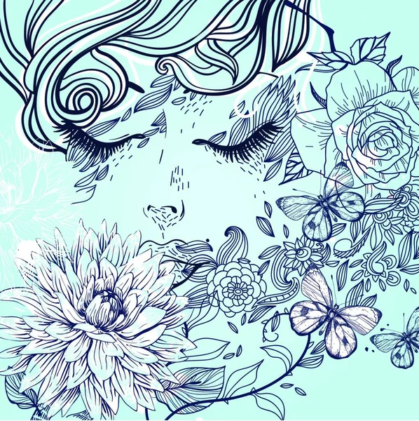 Wektor Ilustracja Marzącej Dziewczyny Kwitnące Kwiaty — Wektor stockowy