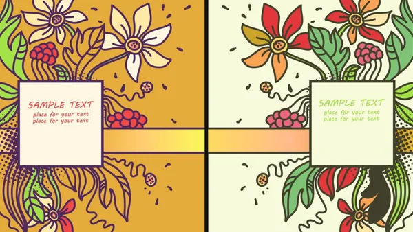 Két Virágkártya Készlet Fantázia Virágokkal Bogyókkal — Stock Vector