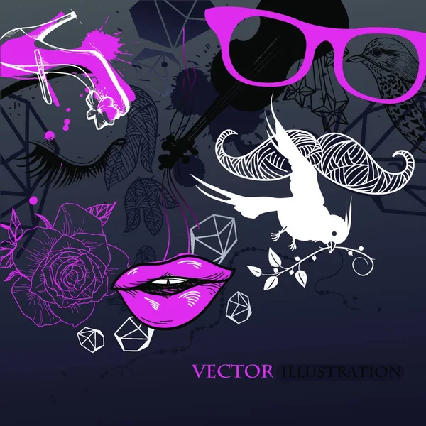 Vector Illustration Abstract Girl Birds Flowers — Stock Vector