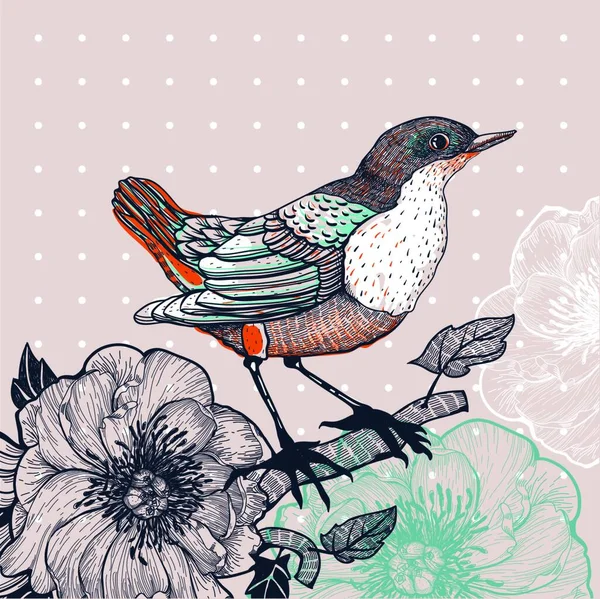 Illustrazione Vettoriale Uccello Rose Selvatiche — Vettoriale Stock