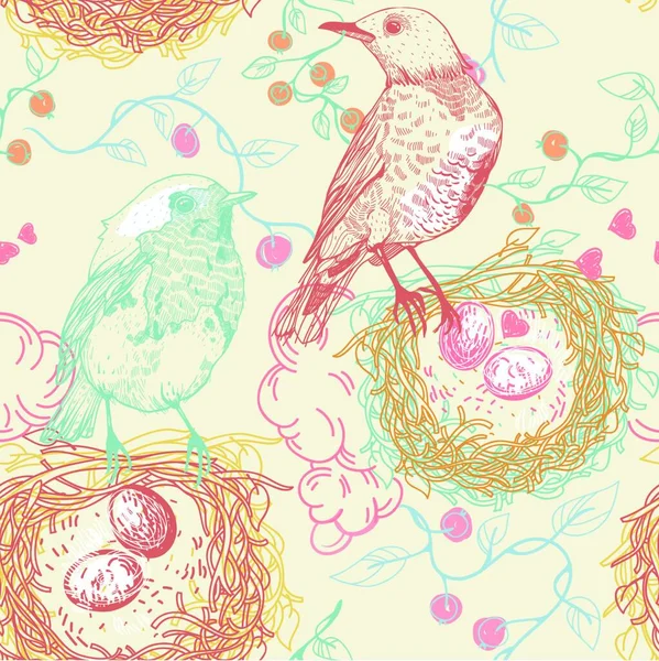 Векторний Безшовний Візерунок Лісовими Птахами Гніздами — стоковий вектор