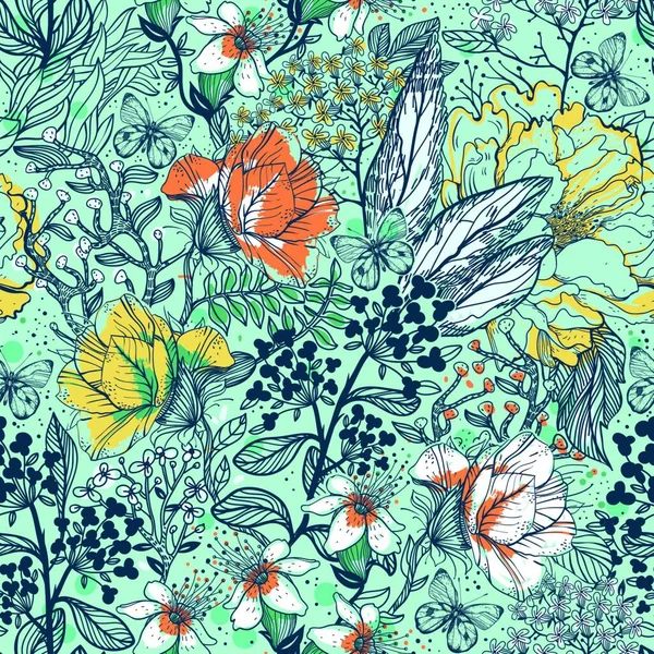 Vector Floral Patrón Sin Costura Con Plantas Hierbas Flores — Vector de stock