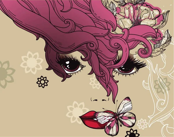 Vektorová Ilustrace Krásné Dívky Květinami Motýly — Stockový vektor