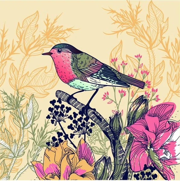 Vector Bloem Illustratie Van Een Klein Vogeltje Bloeiende Bloemen — Stockvector