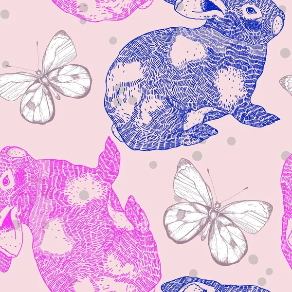 Векторный Бесшовный Рисунок Кроликами Бабочками — стоковый вектор