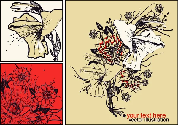 Vetor Conjunto Cartões Florais Com Flores Florescentes — Vetor de Stock