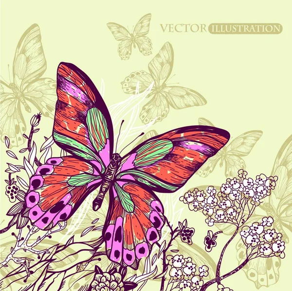 Векторная Иллюстрация Большой Красочной Бабочки Цветущими Цветами — стоковый вектор