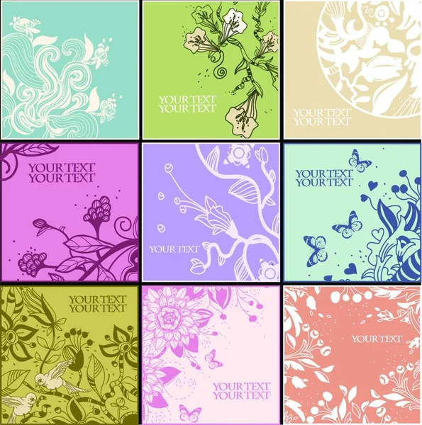 Floral Set Hand Drawn Cards Fantasy Flowers Plants — Stock Vector