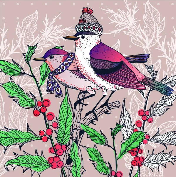 Julen Vektor Illustration Vinter Fåglar Och Järnek — Stock vektor