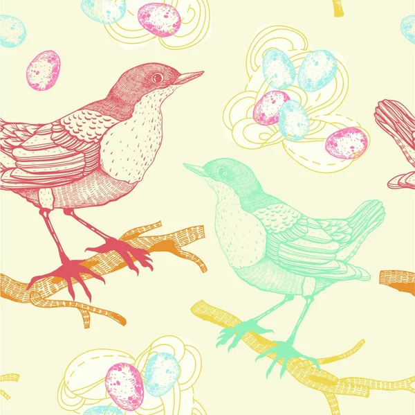 Modèle Vectoriel Sans Couture Avec Oiseaux Nids Colorés — Image vectorielle