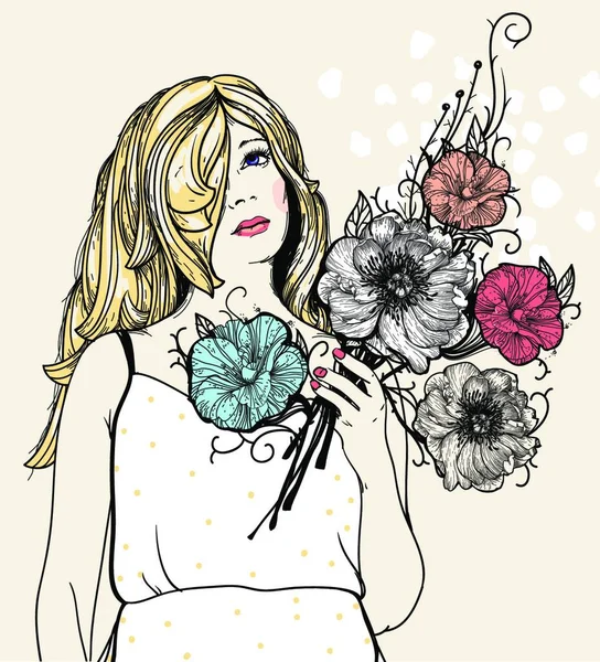 Ilustração Vetorial Uma Jovem Vestido Verão Com Flores Coloridas Frescas — Vetor de Stock