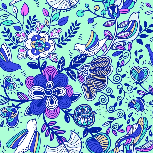 Vector Floral Patrón Sin Costura Con Plantas Coloridas Aves Voladoras — Archivo Imágenes Vectoriales