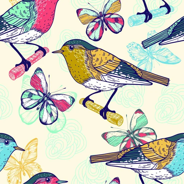 Renkli Kuşlar Kelebeklerle Kusursuz Bir Desen — Stok Vektör