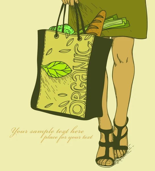 Ilustración Vectorial Una Chica Una Falda Corta Sosteniendo Bolsa Con — Archivo Imágenes Vectoriales