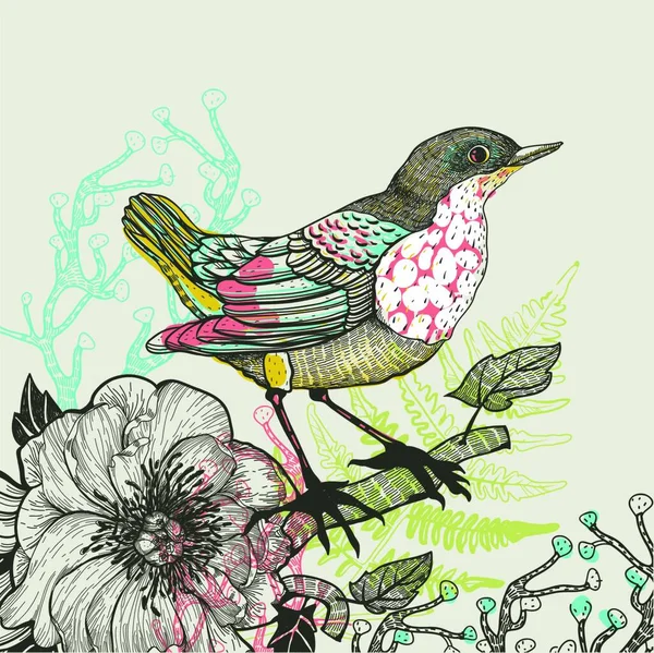 Vektorillustration Eines Waldvogels Und Blühender Blumen — Stockvektor