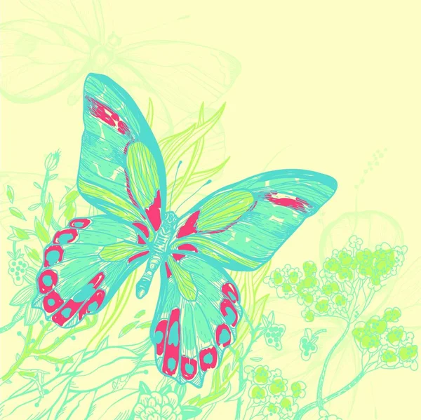 파란색 나비와 꽃피는 을묘사 — 스톡 벡터